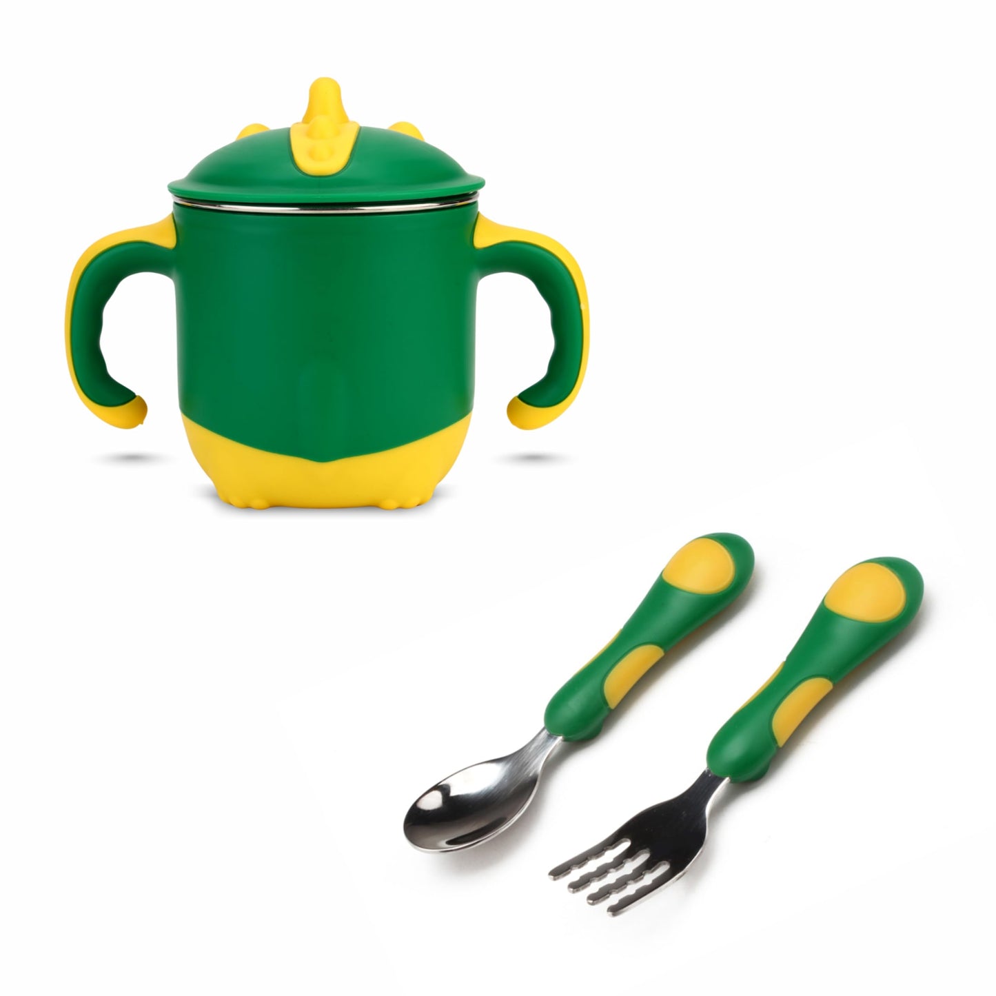 One And Only Water Bottle Cup With Spoon Fork Set Green Color Dino Theme Stainless Steel Sipper Unbreakable Feeding Mug & Travel