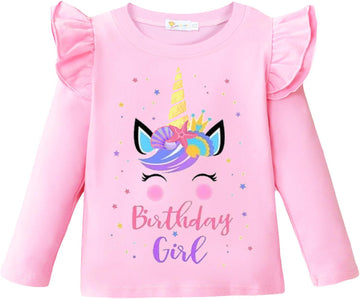 Birthday Girl Shirt Toddler Baby Girls Unicorn T-Shirt 2Nd 3Rd 4Th 5Th 6Th 7Th Birthday Pink Tee Fall Outfit Fly Sleeve 2T