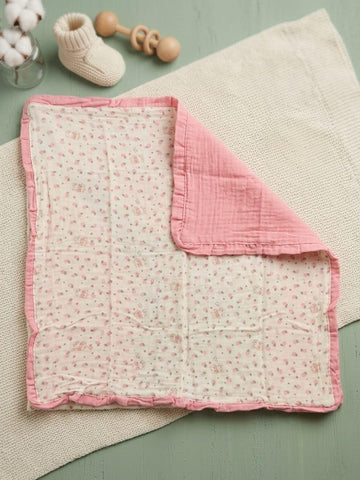 Baby Muslin Blanket with Ruffle Border, Dinosaur Print, Blue, Soft Cotton, Newborn Swaddle (BeigePink1)
