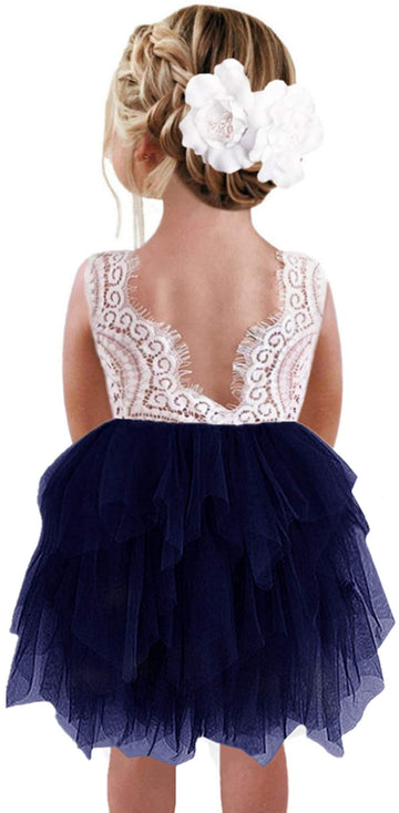 2Bunnies Girl Peony Lace Back A-Line Tiered Tutu Tulle Flower Girl Dress (Navy Sleeveless Short, 6M)