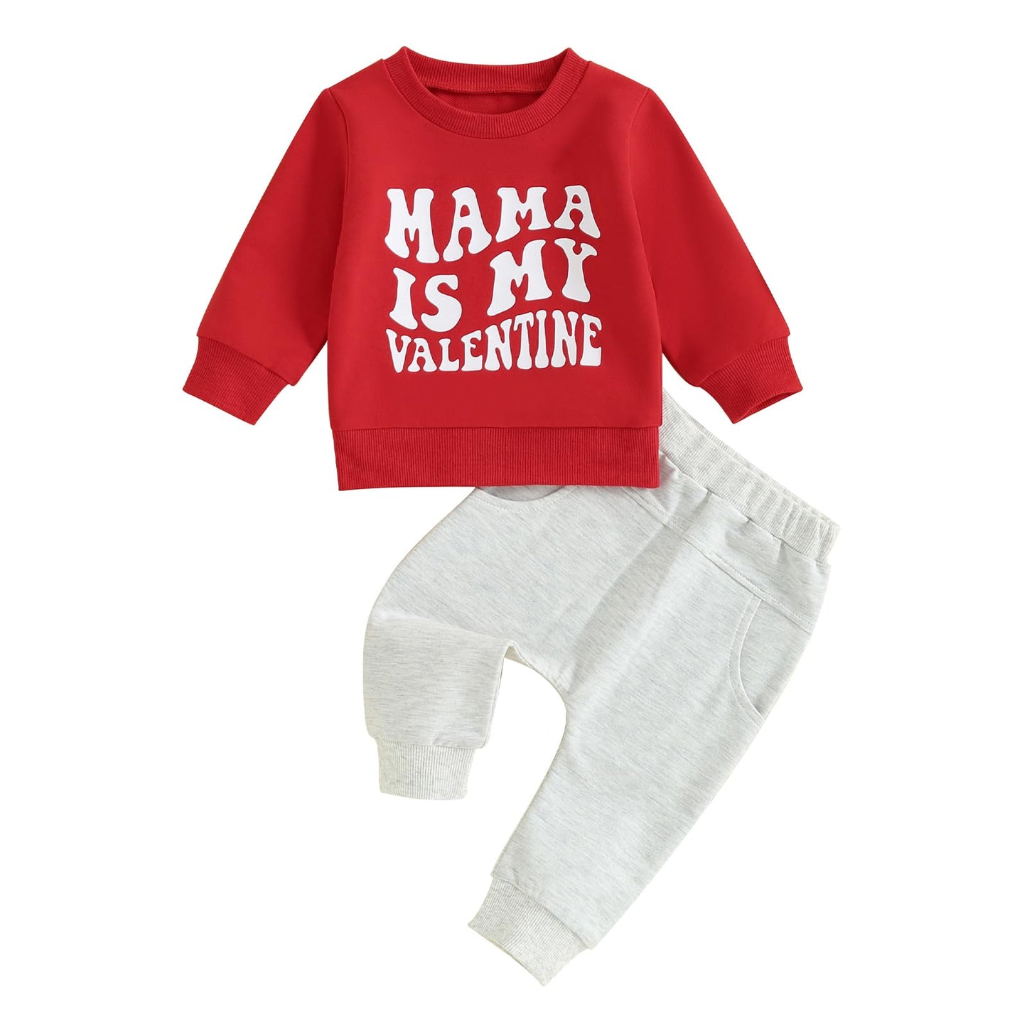 Infant Baby Boy Valentine'S Day Outfit Mama Is My Valentines Clothes Print Shirts Crewneck Sweatshirt Jogger Pants (Red - Mama I