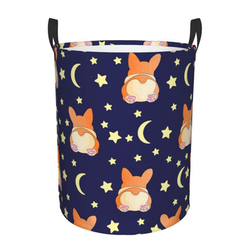 Pevtufa Corgi Lying With Moons And Stars Foldable Laundry Basket Organizer,Fabric Clothes Toy Storage Basket Nursery Hamper Stor