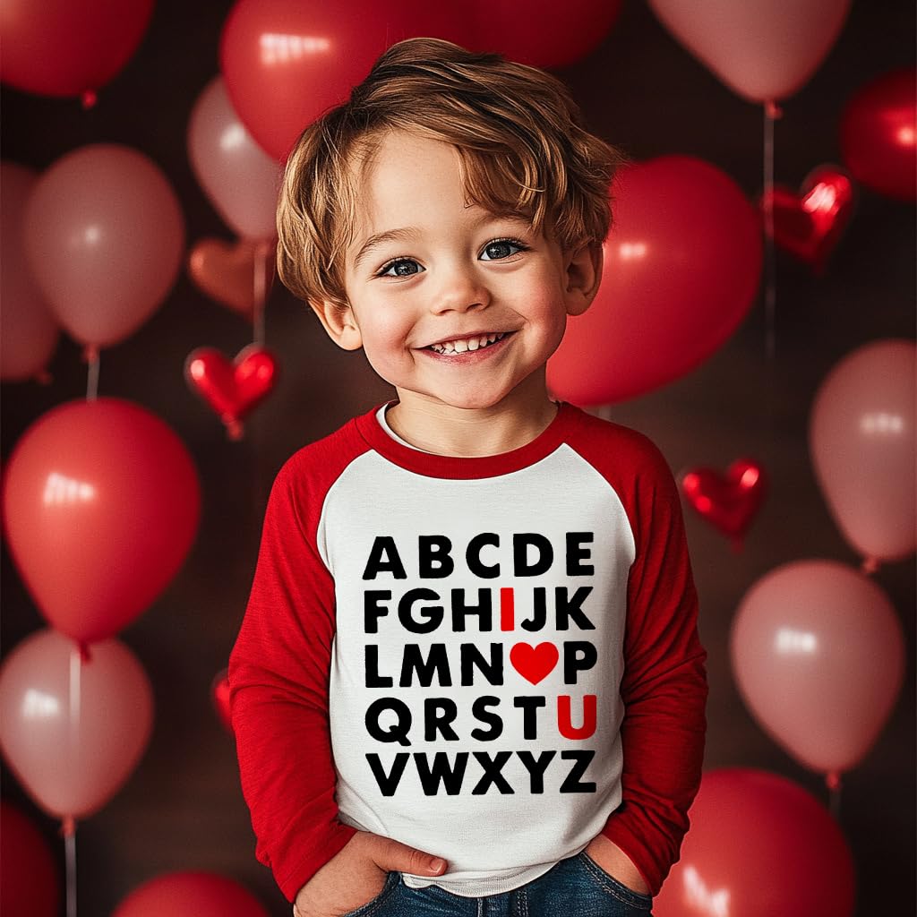Boys T-Shirt Valentines Vday Heart Shirt Long Sleeve Raglan Toddler Cotton Tees Abc I Love U Tops 4 5 Years