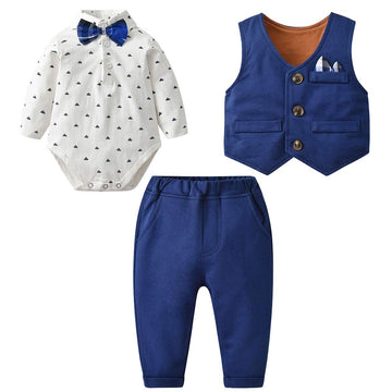 Famuka Baby Boy 3 Piece Formal Outfit Suit With Bows Waistcoat Gentleman Tuxedo (Navy 3, 18-24 Months)