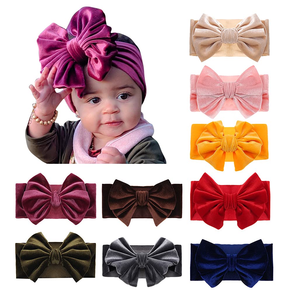 Jiahang Baby Girls Velvet Big Bow Headband, Turban Knotted Hair Bands, Wide Velour Head Wrap 9Pcs For Newborn Infant Toddlers