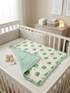 Baby Muslin Blanket with Ruffle Border, Dinosaur Print, Blue, Soft Cotton, Newborn Swaddle (Green)