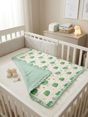 Baby Muslin Blanket with Ruffle Border, Dinosaur Print, Blue, Soft Cotton, Newborn Swaddle (Green)