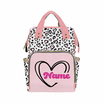 Customized School Bag With Name, Large Capacity Waterproof Diaper Bag, Leopard Heart Print Monogram Nappy Backpack With Thermal