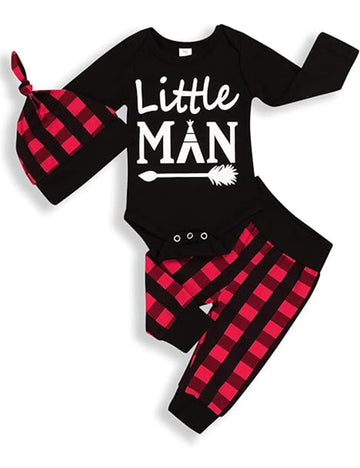 Tuemos Newborn Baby Boy Girl Clothes Little Man Long Sleeve Romper,Plaid Pants + Cute Hats 3Pcs Outfit Set(0-3 Months)