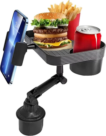 Car Cup Holder Food Tray 3in1 Expander, 360 Rotating Swivel Snack & Drink Holder with Phone Slot, Adjustable Carbon Fiber Car 