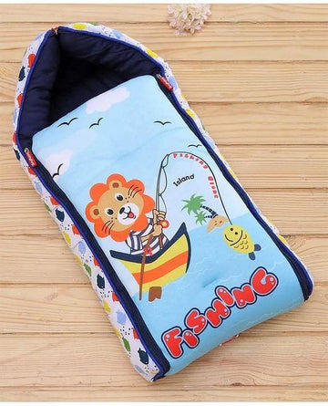 Baby Sleeping Bag with Hood, Cute Lion Fishing Print, Zippered Nest for Newborn Infants, Navy Blue, Soft and Cozy for Sleep Trav