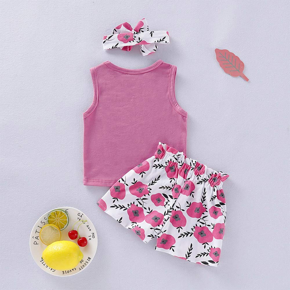 Hipea Toddler Girl Clothes Flower Tops Sleeveless Vest Shorts Headband Summer Clothes Set(6-7T)