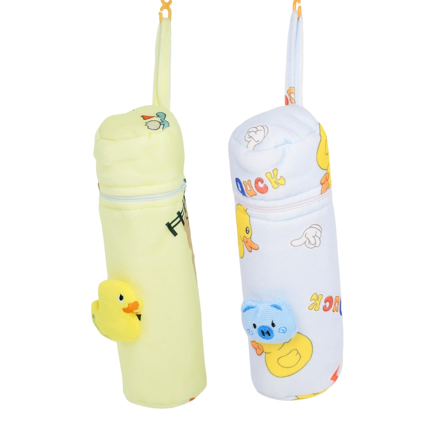 The Little Lookers Soft Plush Stretchable Baby Feeding Bottle Cover With Easy To Hold Strap (Zip Closure 240Ml/8Oz, Yellow & Blu