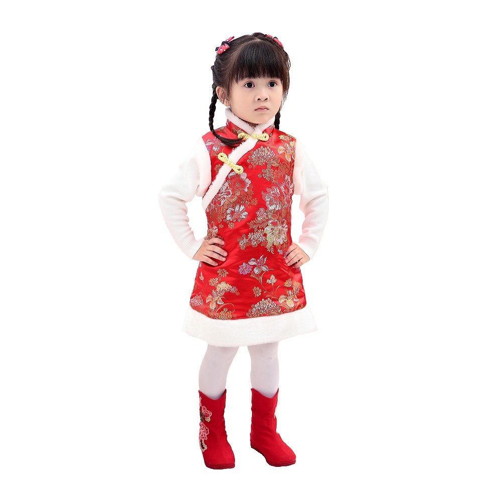 Hooyi Winter Chinese Style Girl Dress Cotton Sleeveless Kids Cheongsam Baby Girls Qipao (Red, 10)