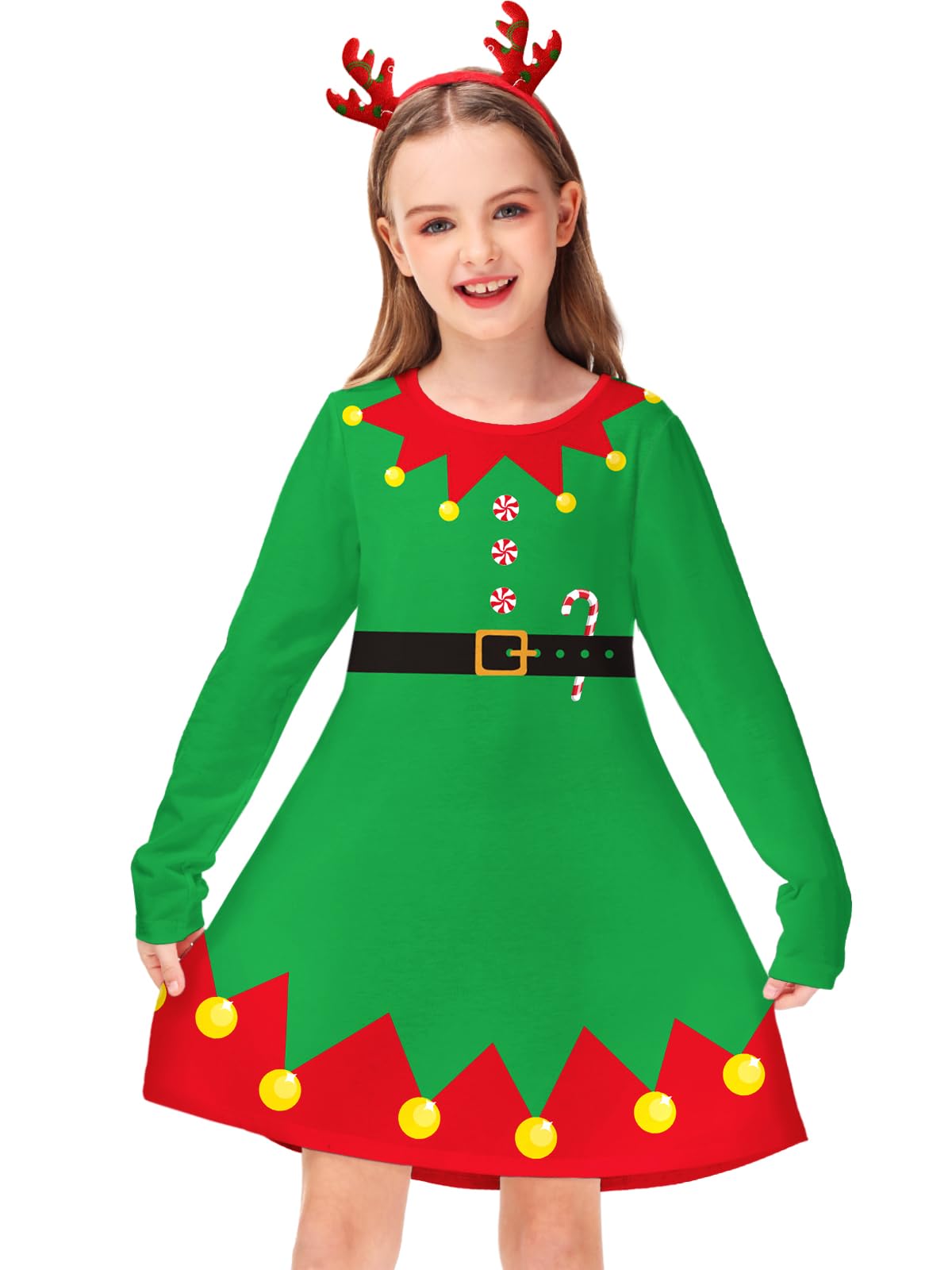 Kids Christmas Long Sleeve Dress Girls Cute Elf Outfits Xmas Party Green Aline Dresses 7-8 Years