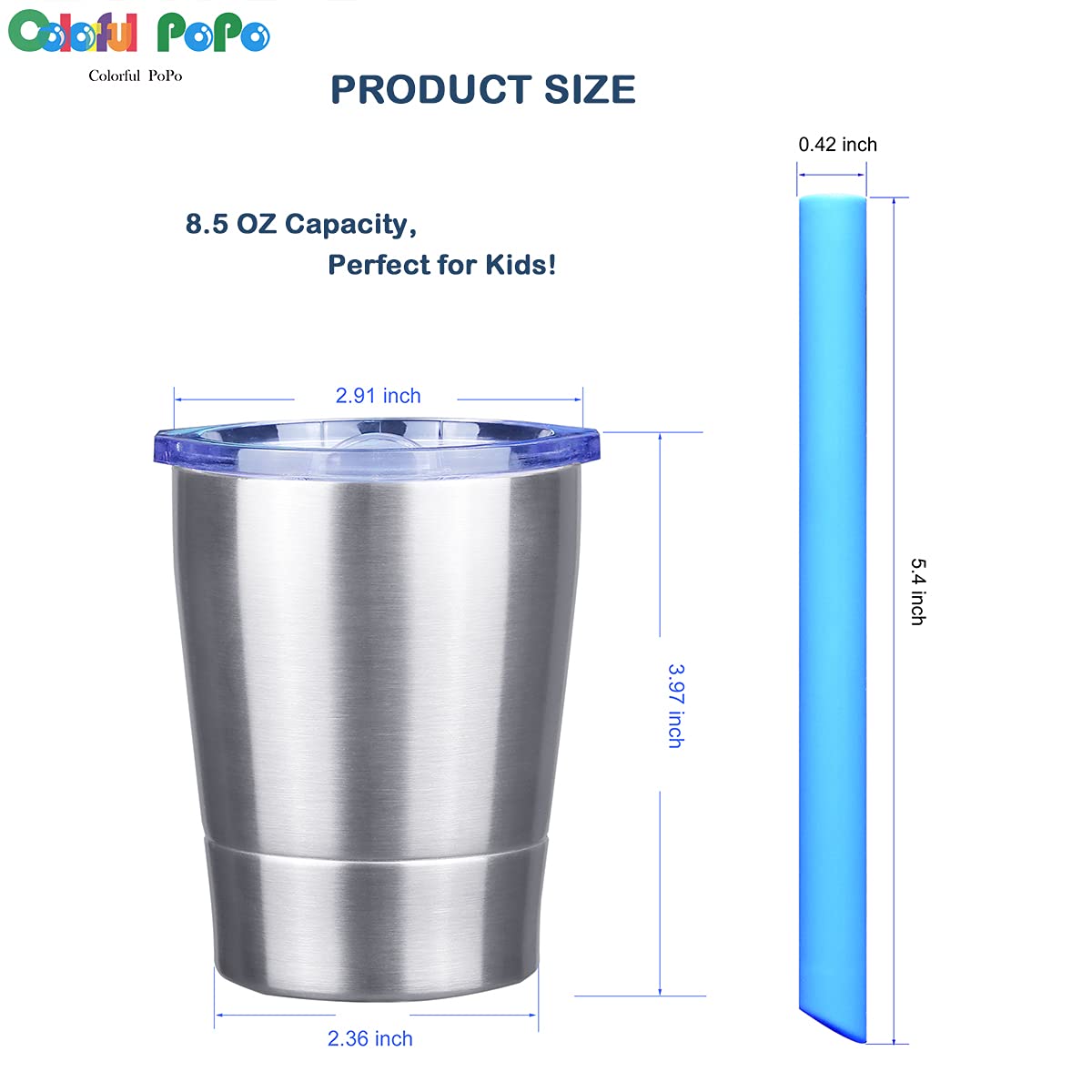 Colorful Popo Small Cute Kids Cups 2 Pack, Stainless Steel Kid Tumbler With Lid And Straw, Double Wall Vacuum Insulated Toddler