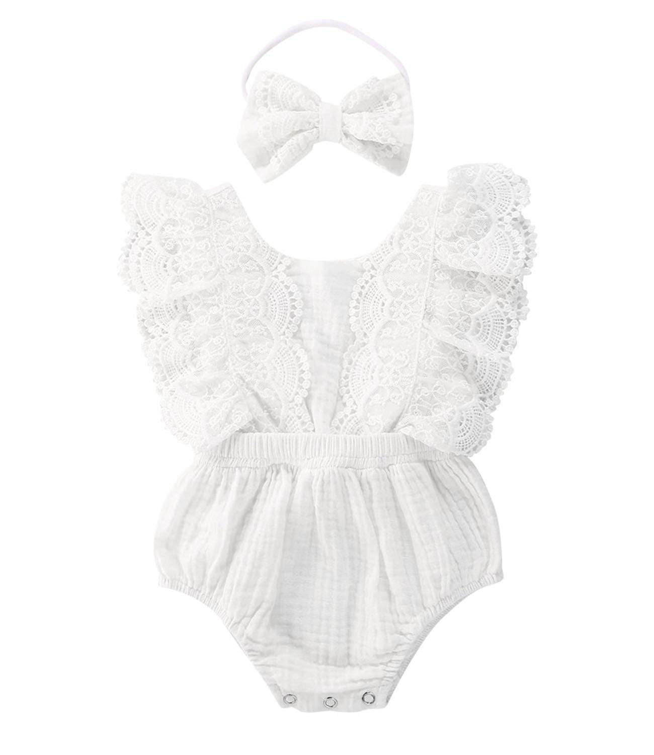 Infant Baby Girl Lace Rompers V-Back Bowknot Bodysuit Cute Newborn Ruffle Clothes White (White, 6-12 Months)