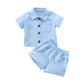 Baby Boys Clothes Set Toddler Infant Boys Button-Down Shirt Tops + Cotton Gauze Shorts Summer Outfit 2Pcs With Pockets (Blue, 18