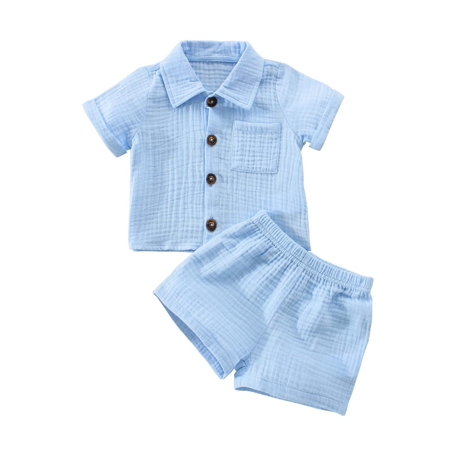 Baby Boys Clothes Set Toddler Infant Boys Button-Down Shirt Tops + Cotton Gauze Shorts Summer Outfit 2Pcs With Pockets (Blue, 18