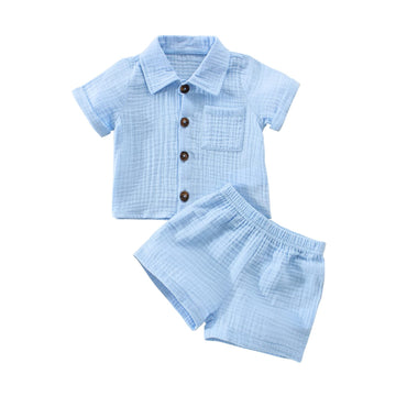 Baby Boys Clothes Set Toddler Infant Boys Button-Down Shirt Tops + Cotton Gauze Shorts Summer Outfit 2Pcs With Pockets (Blue, 0-