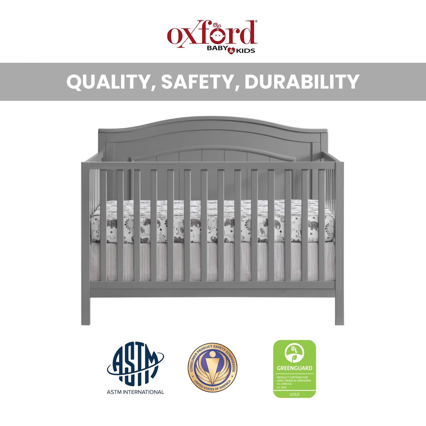 Oxford Baby North Bay 4-In-1 Convertible Baby Crib, Dove Gray, Greenguard Gold Certified