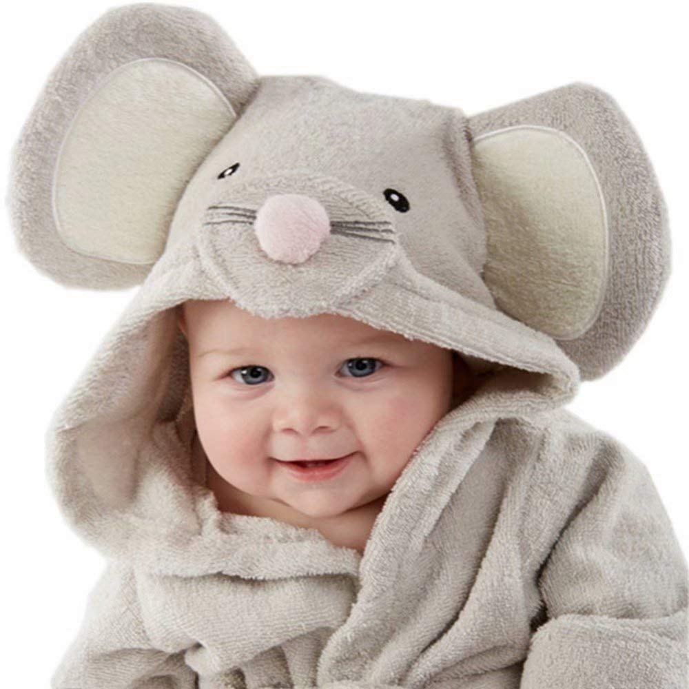 Baby Boy Bathrobe Hooded Girl Bath Towels Wash Waddle Mouse Bath Robe Preterm Newborn Towel Terry 0-18 Month (Grey, S)