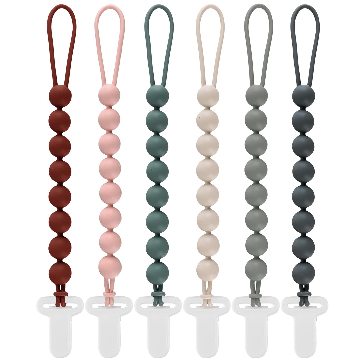 6-Pack Silicone Pacifier Clips For Babies, Safe Teething Beads, Rust-Free Holders, Baby Boy And Girl Essentials, Newborn Must-Ha