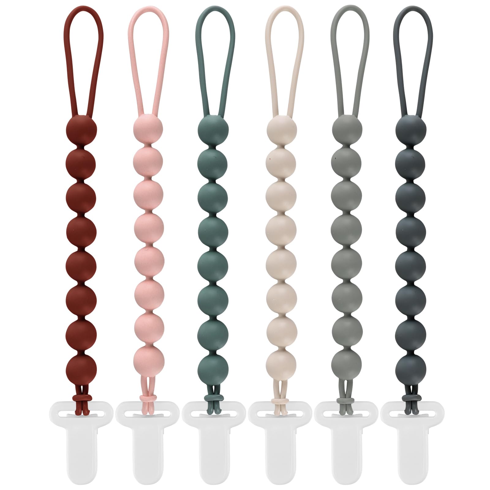 6-Pack Silicone Pacifier Clips For Babies, Safe Teething Beads, Rust-Free Holders, Baby Boy And Girl Essentials, Newborn Must-Ha