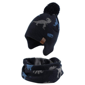 Knitted Baby Hat Scarf Set Winter Warm Boys Girls Beanie Fleece Lining Toddler Kids Hat With Pompom (Dinosaur Navy Hat+Scarf, M)
