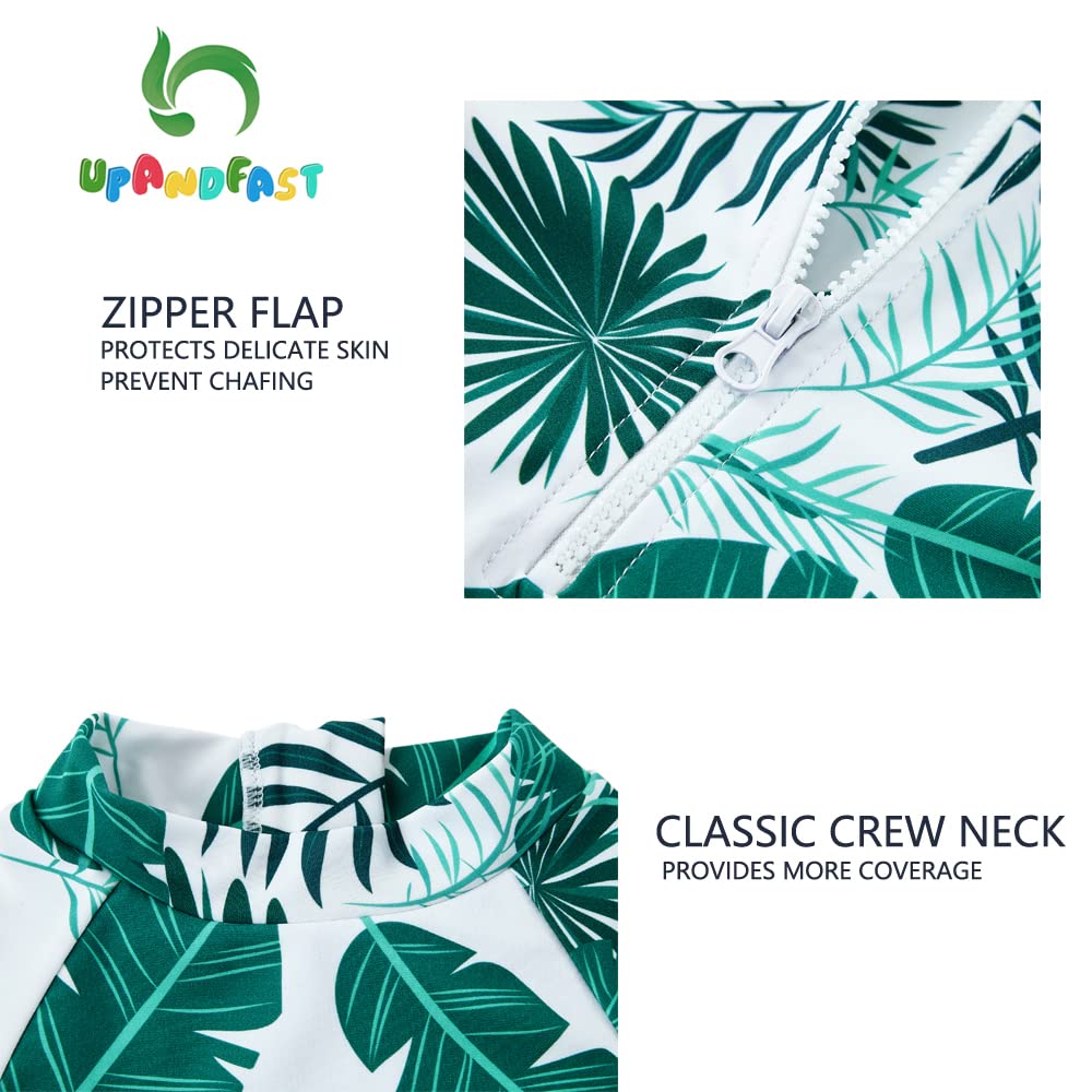 Upandfast Baby/Toddler One Piece Zip Sunsuits With Sun Hat Upf 50+ Sun Protection Infant Beach Swimsuit (Leaf, 9-12 Months)