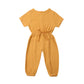 Toddler Baby Girl Summer Fall Basic Plain Short Sleeve Cotton Linen Drawstring Romper Jumpsuit (Mustard Yellow, 3-4T)