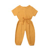 Toddler Baby Girl Summer Fall Basic Plain Short Sleeve Cotton Linen Drawstring Romper Jumpsuit (Mustard Yellow, 3-4T)