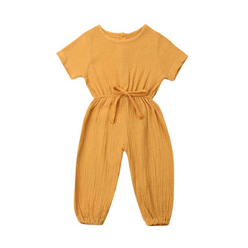 Toddler Baby Girl Summer Fall Basic Plain Short Sleeve Cotton Linen Drawstring Romper Jumpsuit (Mustard Yellow, 2-3T)