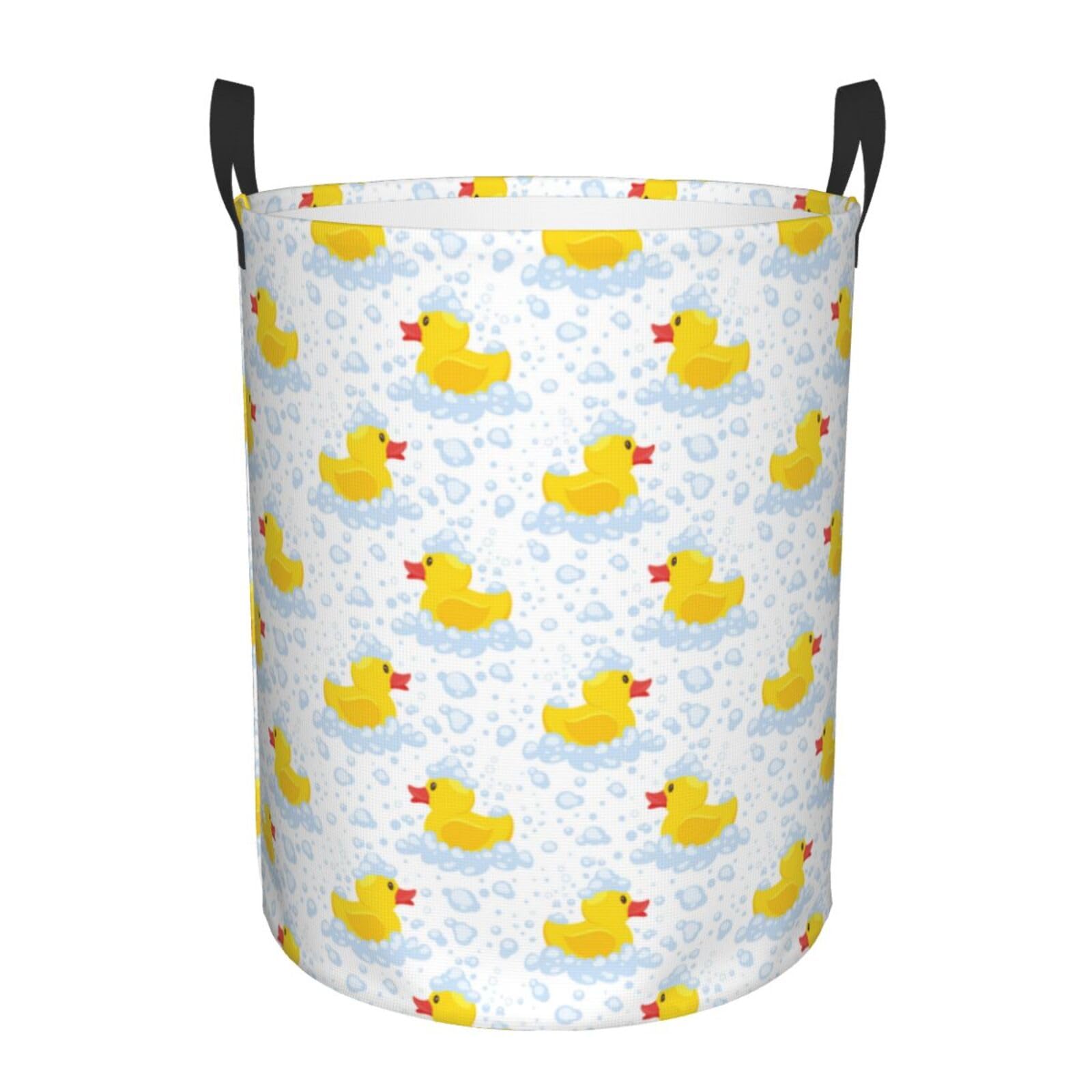 Kuilepa Yellow Rubber Duck Print Laundry Basket Circular Laundry Hamper With Handles Waterproof Dirty Clothes Storage Basket For