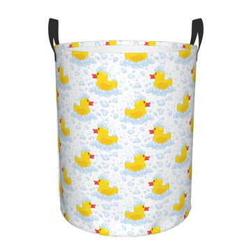 Kuilepa Yellow Rubber Duck Print Laundry Basket Circular Laundry Hamper With Handles Waterproof Dirty Clothes Storage Basket For