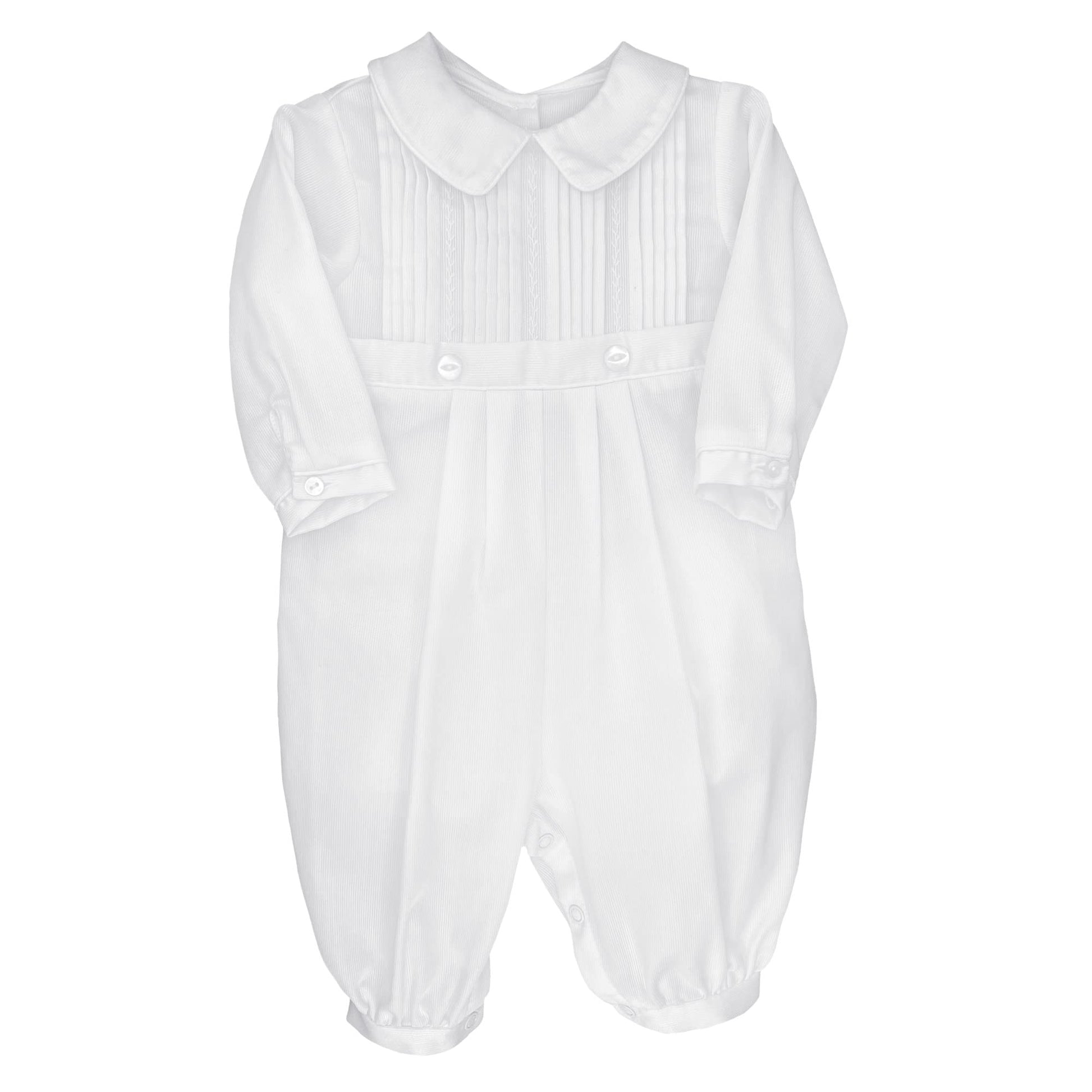 Petit Ami Hand-Embroidered Boys Christening Longall - Tucks and Feather Stitching, White (White, 9 Month)