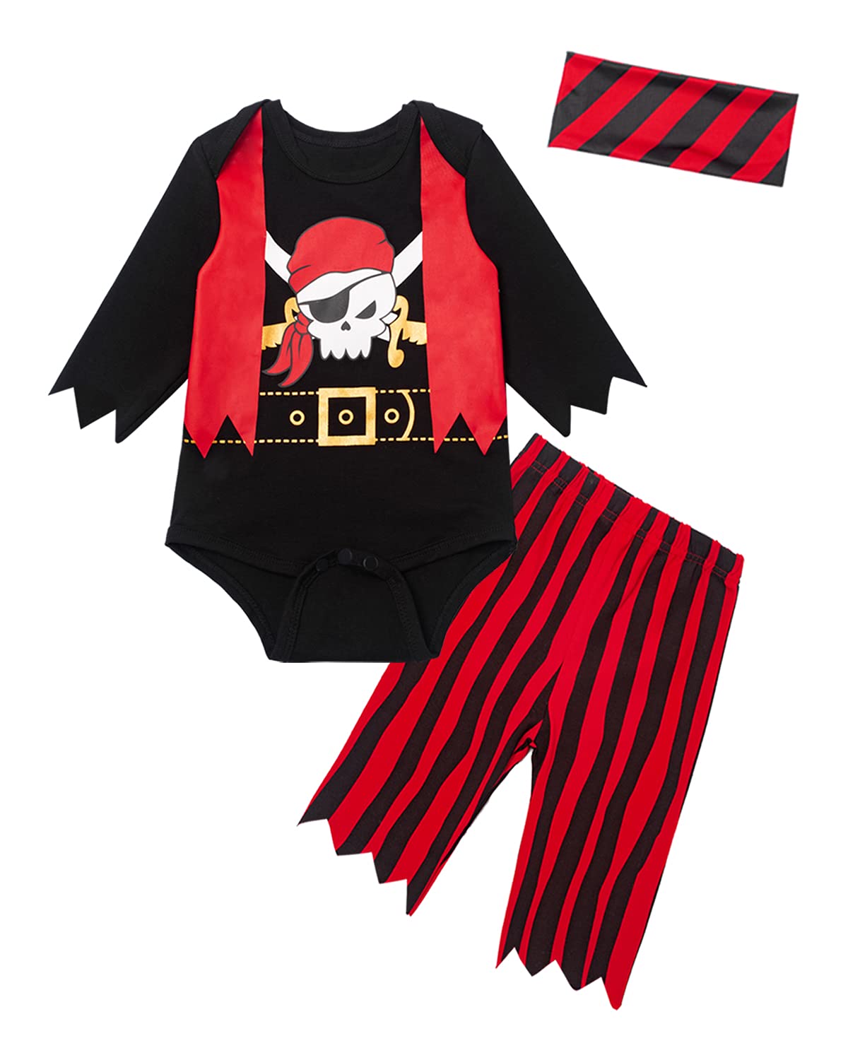 3Pcs Baby Boys Pirate Costume Halloween Infant Pirate Outfit Long Sleeve Pants With Headband (Black02, 0-3 Months)