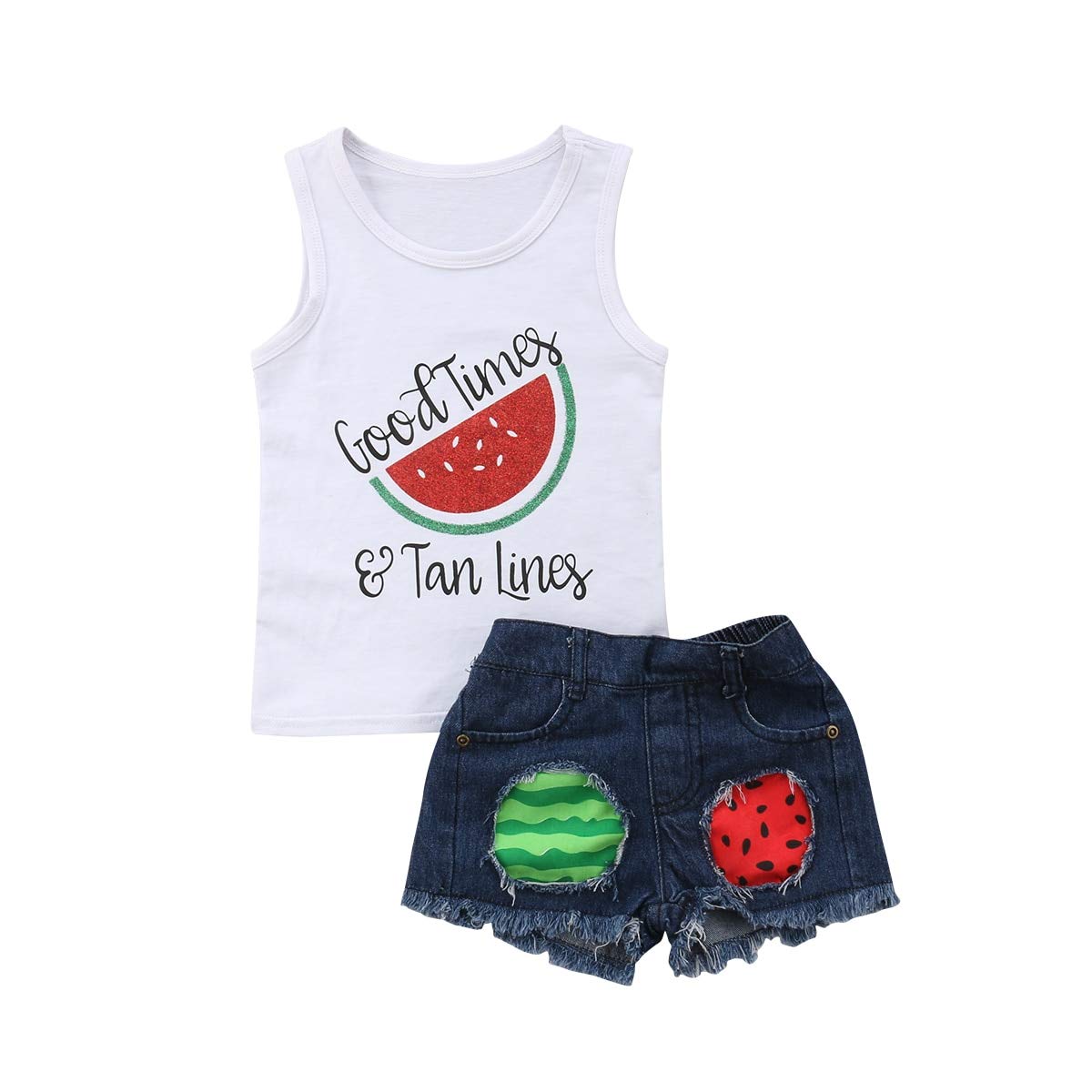Jiaoutky Toddler Baby Girls Denim Shorts Outfits Sleeveless T-Shirt Tops Hipster Jean Pants Summer Clothes Set , Watermelon, 3-4