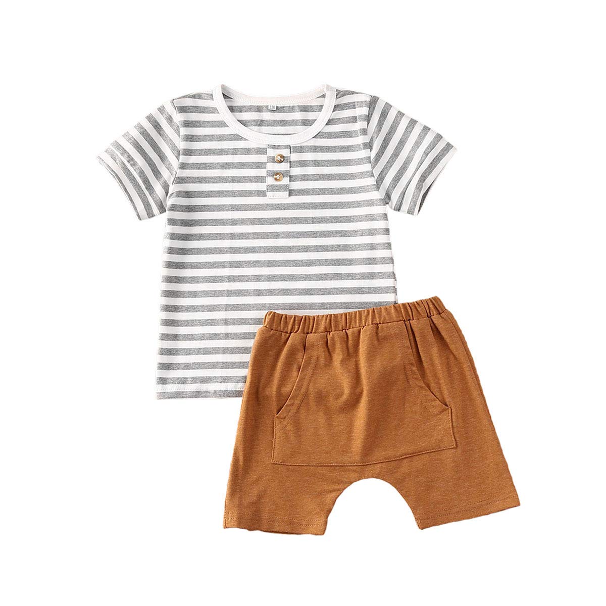 Fhutpw Baby Boys 2Pcs Summer Outfits Short Sleeve T-Shirt Tops Elastic Waistband Shorts Set Toddler Clothes (Strips + Brown, 0-6