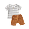 Fhutpw Baby Boys 2Pcs Summer Outfits Short Sleeve T-Shirt Tops Elastic Waistband Shorts Set Toddler Clothes (Strips + Brown, 6-1