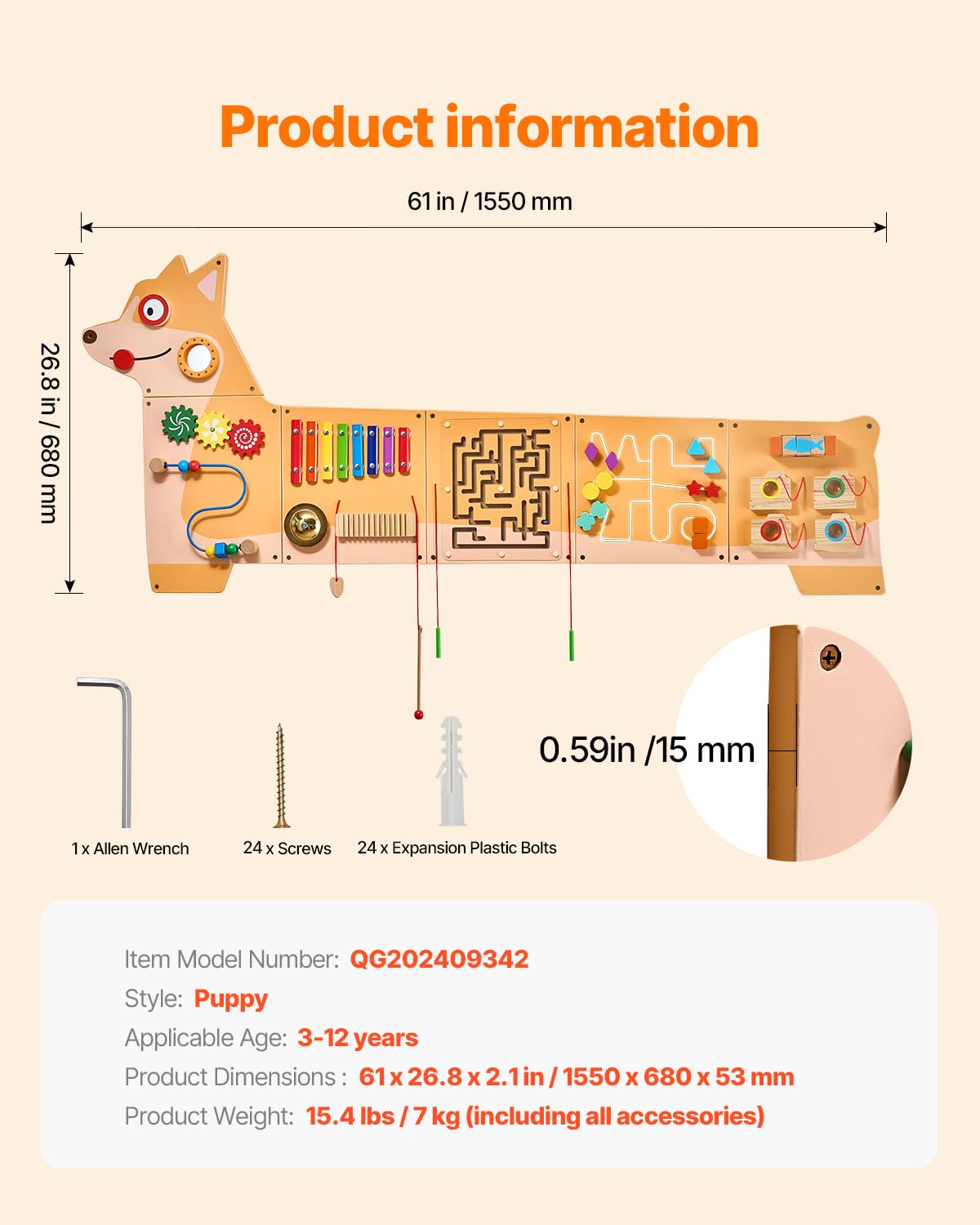 VEVOR Dog Activity Busy Board Wall, 12 Wall Activities Board, Montessori Sensory Wall Panel for Kids 3-12 Years, Sensory Wall Ac
