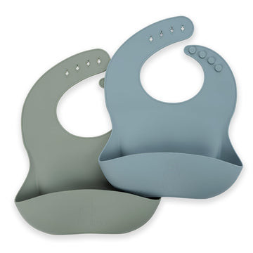 Silicone Bib 2 Pack: Non-Toxic,Food-Grade, Waterproof, Adjustable Neck Band & Pouch Catcher, Easy-Clean for Toddlers & Babies (T