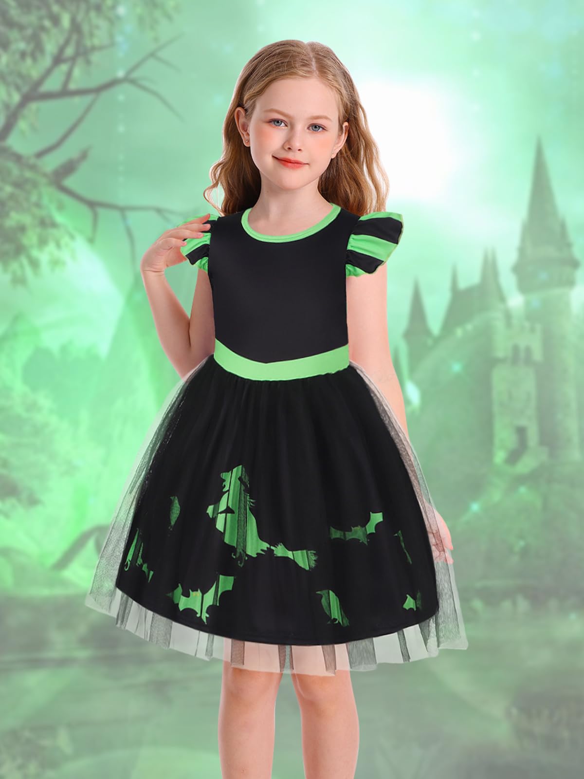 Marendyee Black Witch Costume Girls Halloween Toddler Kids Tulle Dresses Flutter Sleeve (9-10 Years)