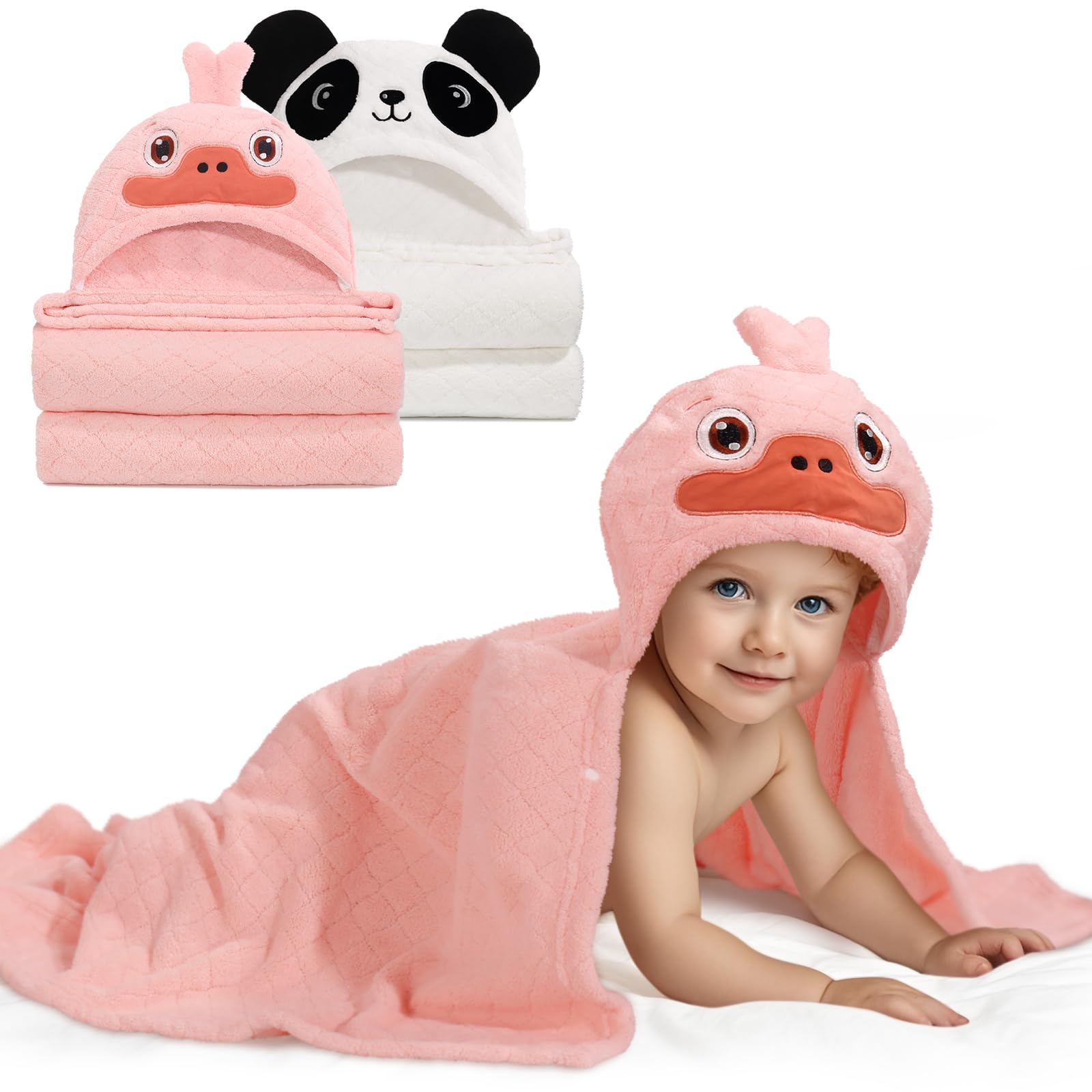 Wodhoy Toddler Bath Towels Age 1-2, Soft Absorbent Animal Hooded Towel For Kids Girls, 2 Pack 50' X 32' Large Thick Baby Towel