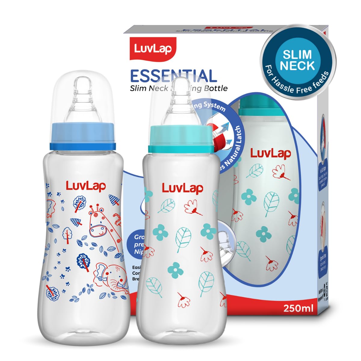Luvlap AntiColic Slim/Regular Neck Essential Baby Plastic Feeding Bottle, 250Ml (Pack Of 2), New Born/Infants/Toddler Upto 3 Ye