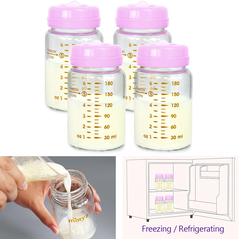 Matyz 4-Pack Breast Milk Collection And Storage Bottles (Pink, 6 Oz Each) - No Bpa Glass Breastmilk Storage Bottles With Lids -
