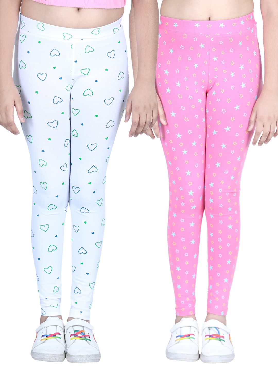 StyleStone Girls Pack of 2 Printed Leggings with Flat Waistband White & Pink (7058WHarvyPStacy56)