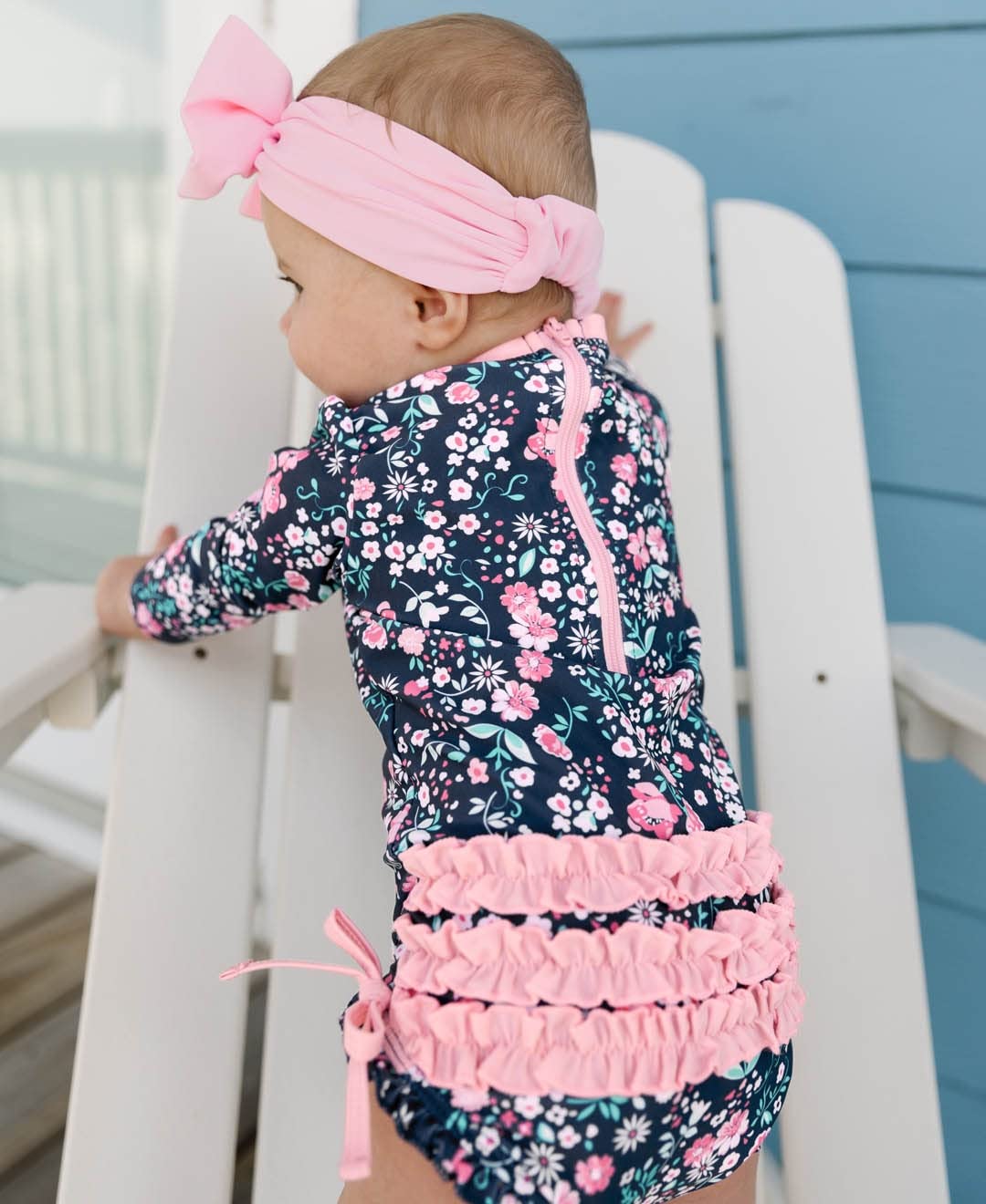 Rufflebutts Baby Girls Upf 50+ Sun Protection Floral Printed Long Sleeve One Piece Rash Guard Swimsuit With Zipper - Moonlit Mea