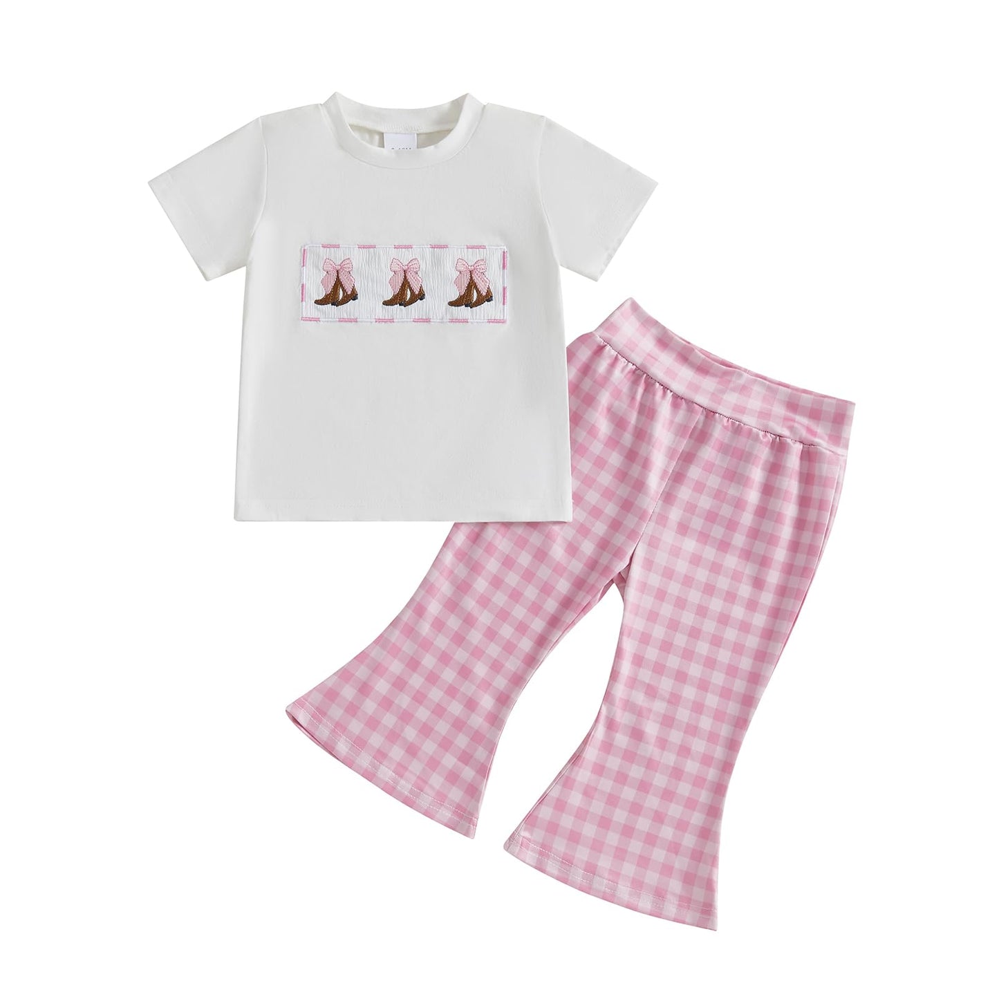 Licupiee Toddler Baby Girl Western Outfits Embroidery Cow Short Sleeve Shirts and Gingham Pants Set 2Pcs Summer Fall Clothes (Pi