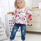 Caretoo Baby Girl Outfit Infant Clothes Flower Printed Round Neck Ruffle Top Casual Ripped Jeans Fashion Outdoor Baby Girls Clot